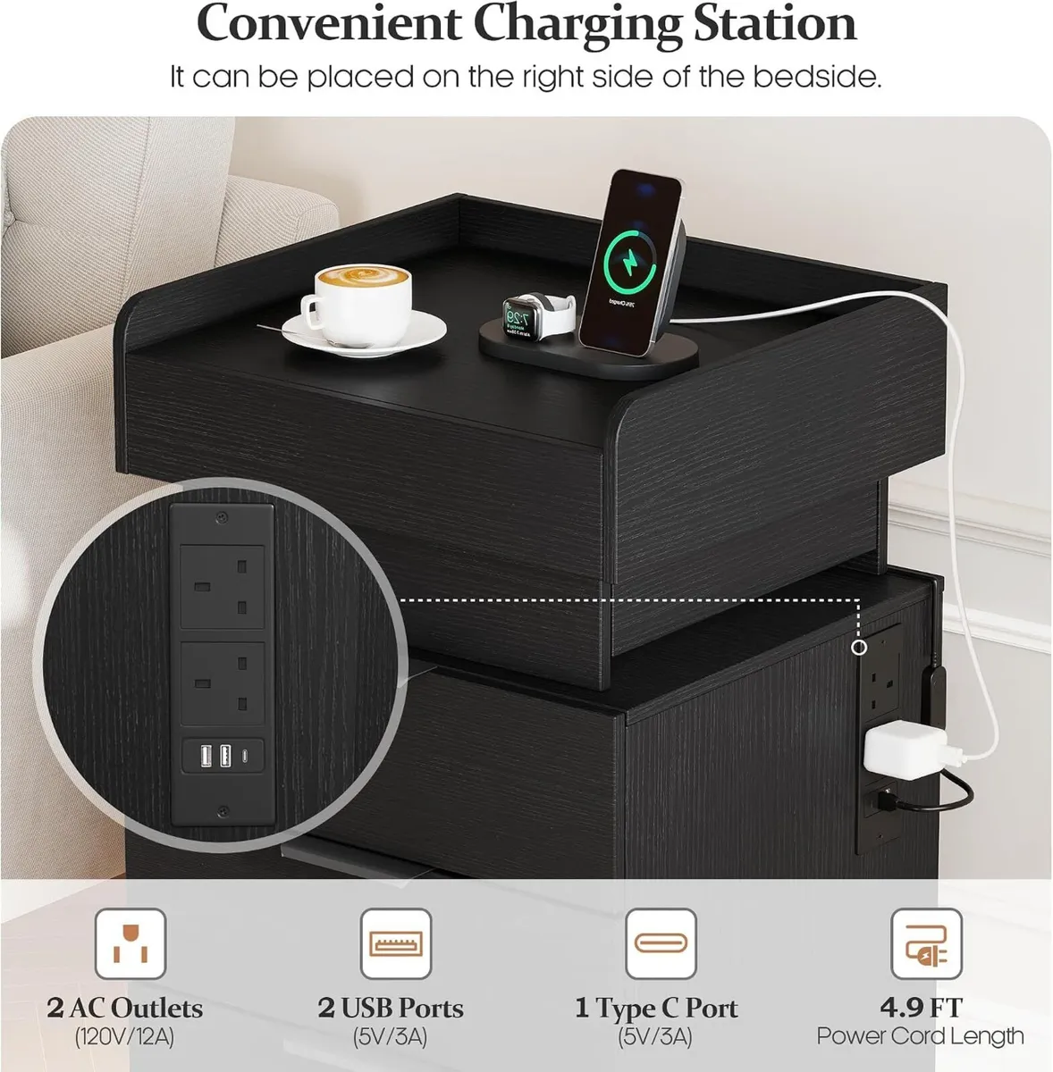 Bedside Table with LED Charging Station and Hidden - Image 3