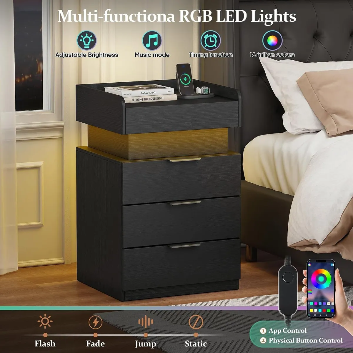 Bedside Table with LED Charging Station and Hidden - Image 4