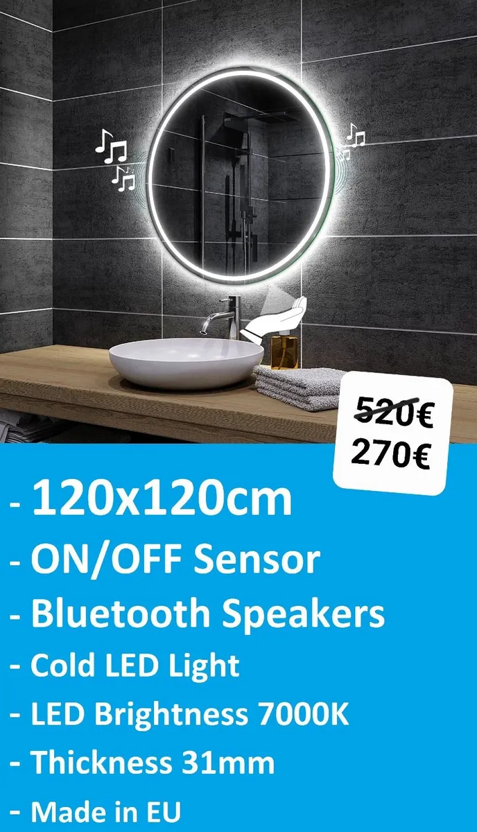 LED Bathroom Mirror Round 120cm Bluetooth Speakers - Image 2