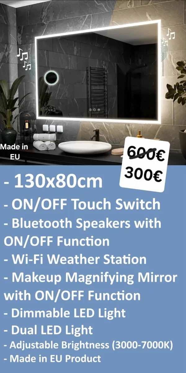 LED Bathroom Mirror W-Fi Weather Station Bluetooh - Image 2