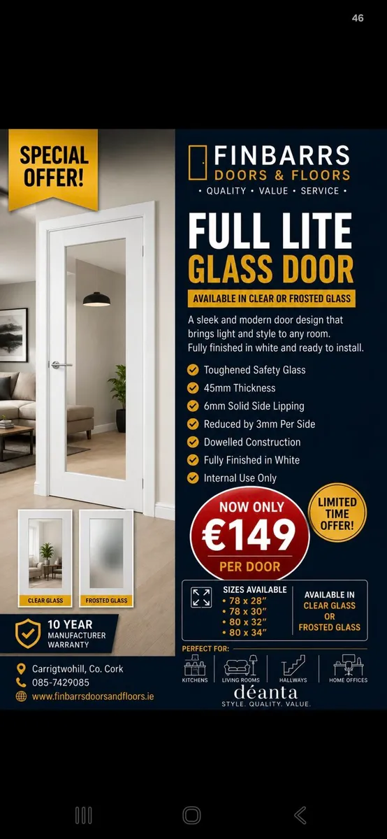 Deanta Shaker Prefinished White Glass Doors