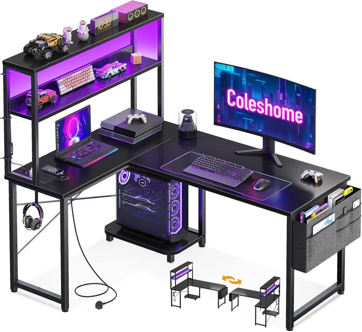 L Shaped Gaming Desk with LED Lights Power - Image 1