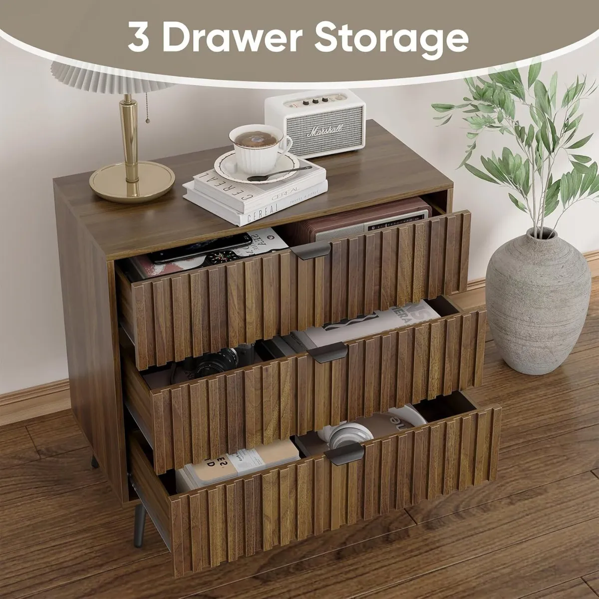 Fluted Chest of Drawers Mid- Century Modern Wooden - Image 4