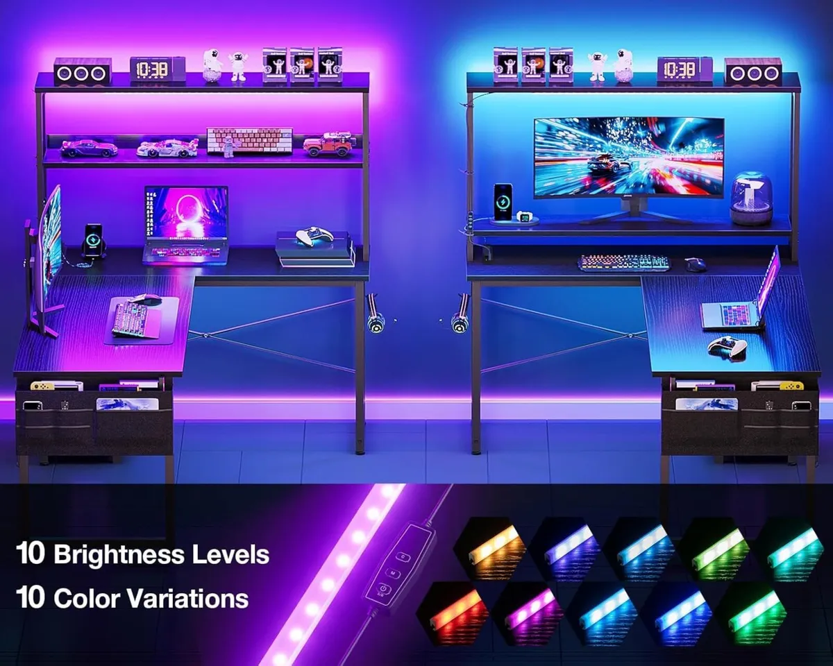 L Shaped Gaming Desk with LED Lights Power - Image 4