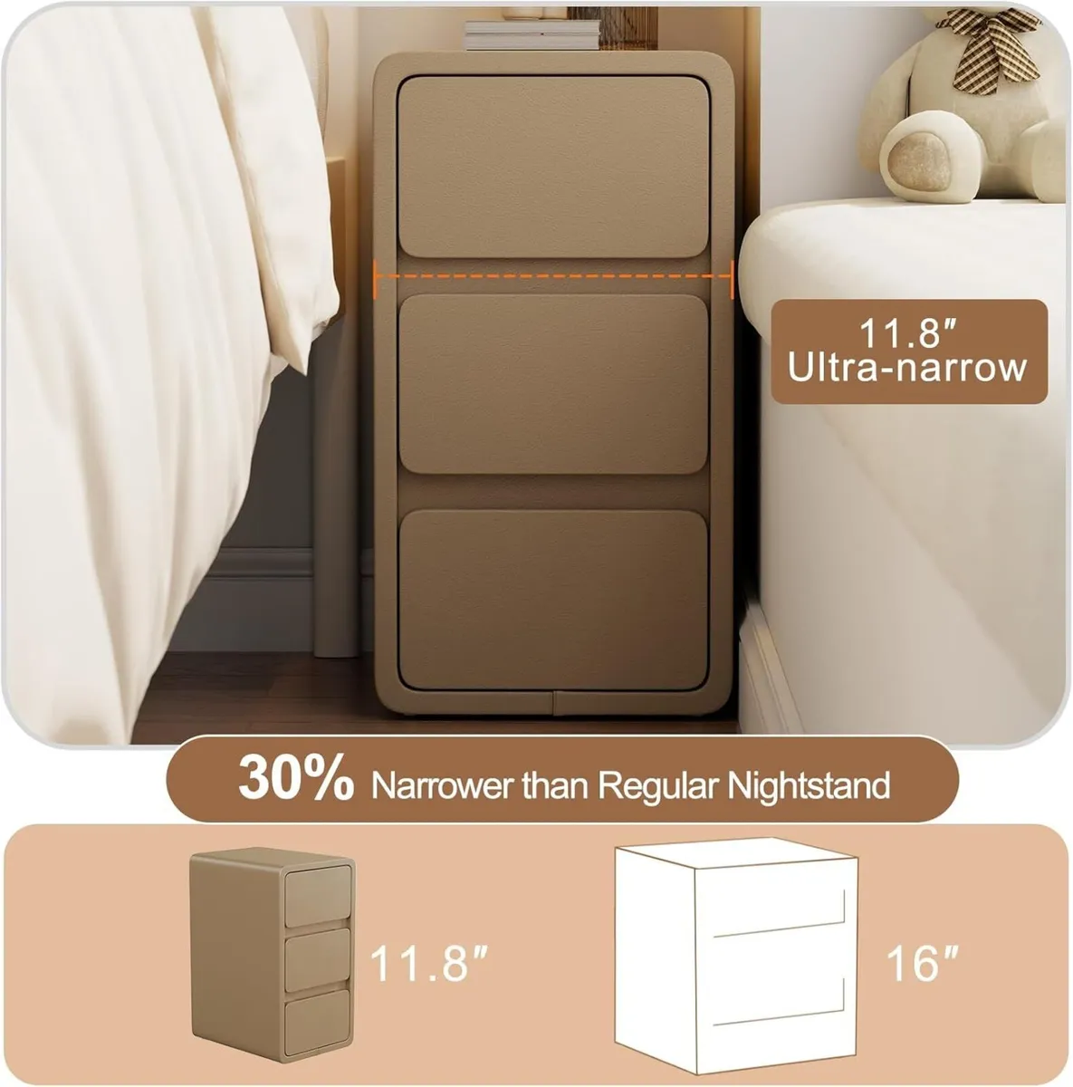 Small Bedside Table Slim with 2 Drawers Assembled - Image 4