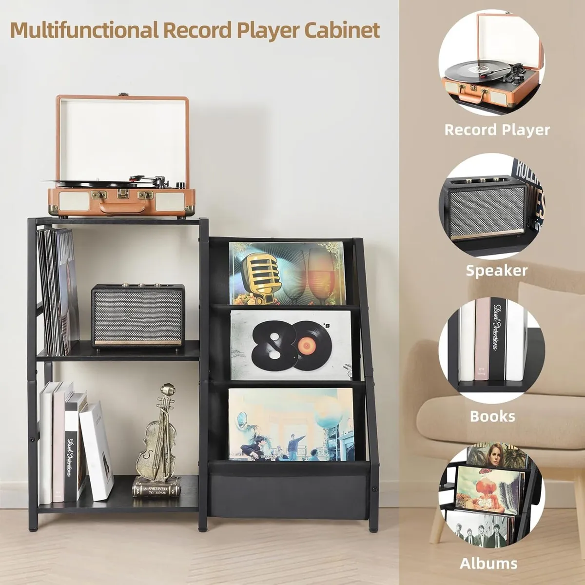 Record Player Stand with 3-Tier Vinyl Storage - Image 2