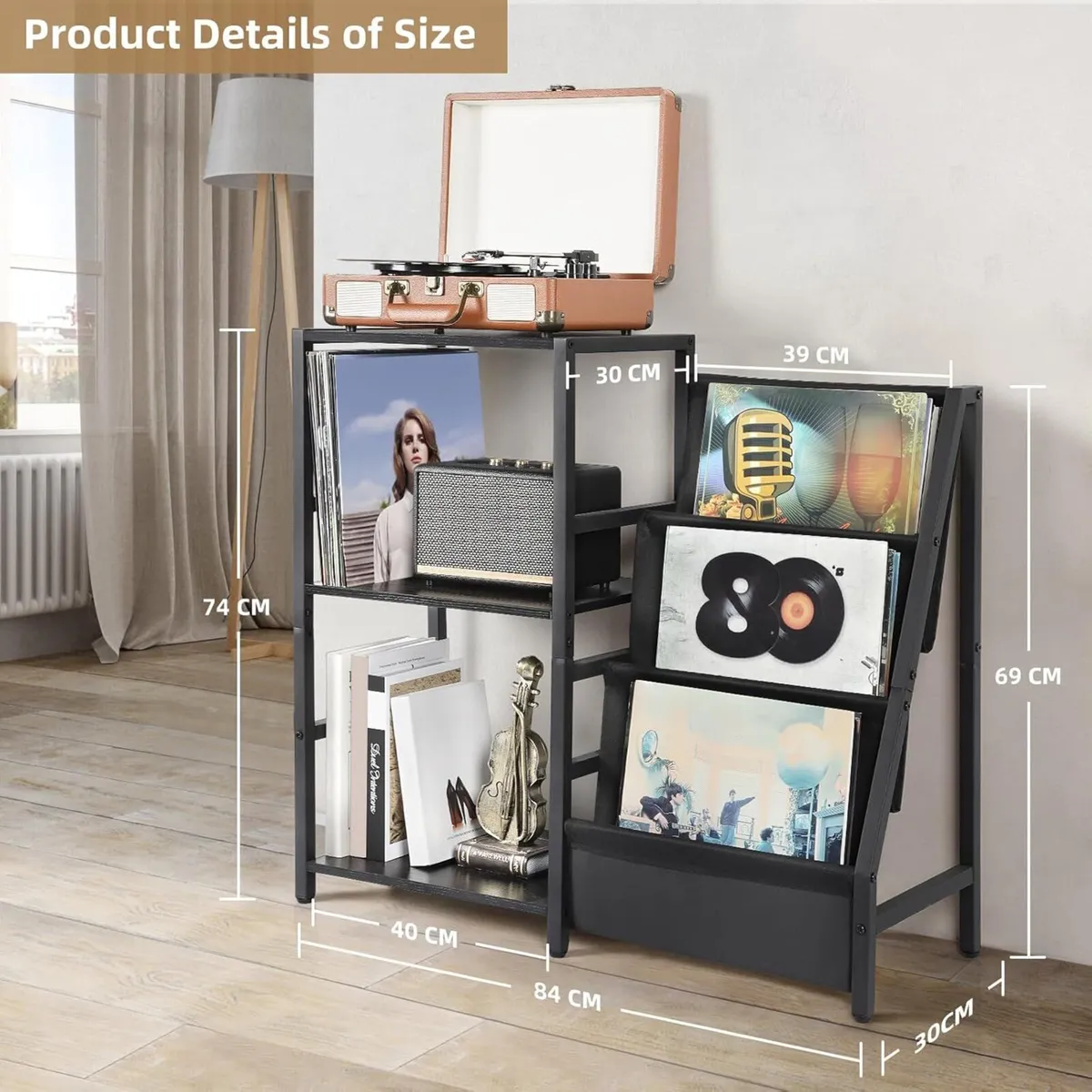 Record Player Stand with 3-Tier Vinyl Storage - Image 4