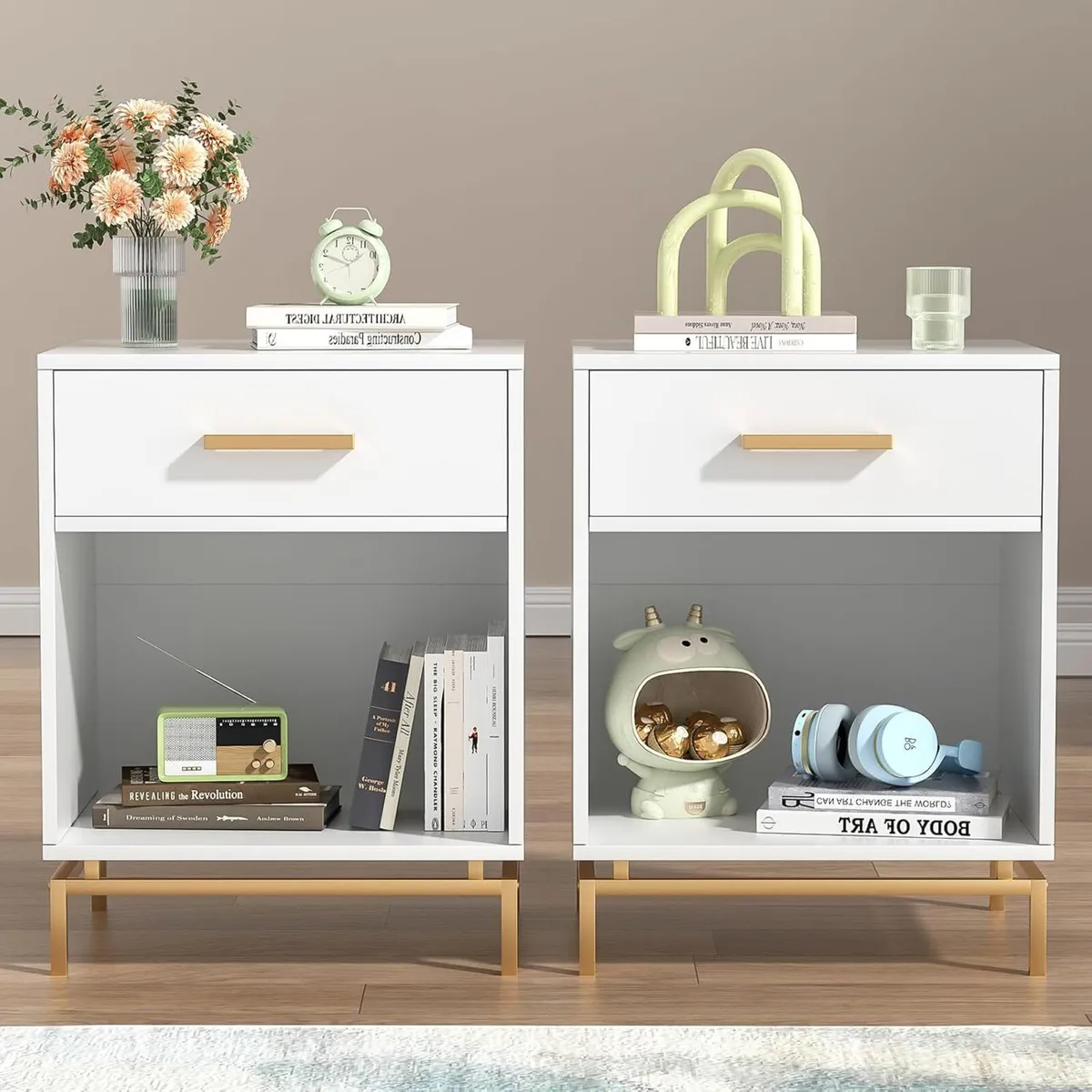 Bedside Tables Cabinet with Drawer Open Shelf - Image 1