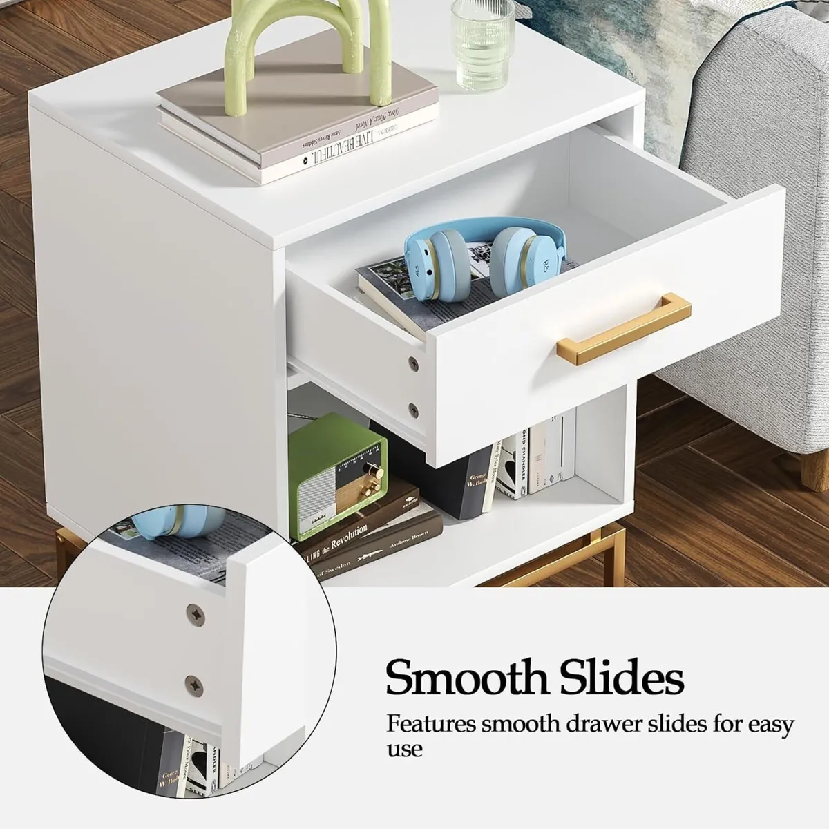 Bedside Tables Cabinet with Drawer Open Shelf - Image 3
