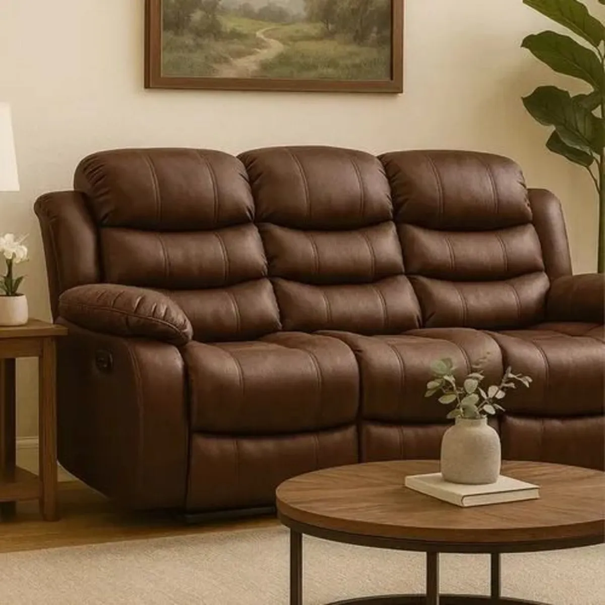 3 Seater PU Leather Recliner Sofa Brown - Image 1