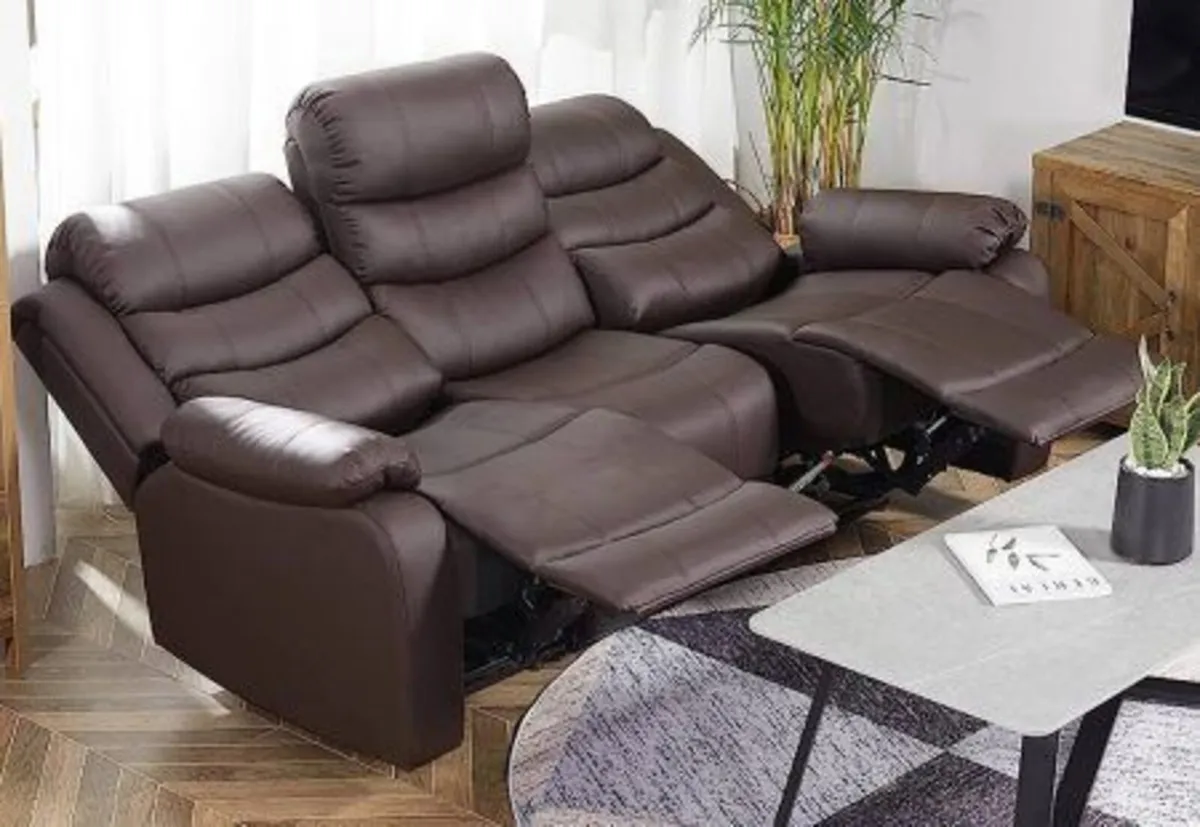 3 Seater PU Leather Recliner Sofa Brown - Image 3