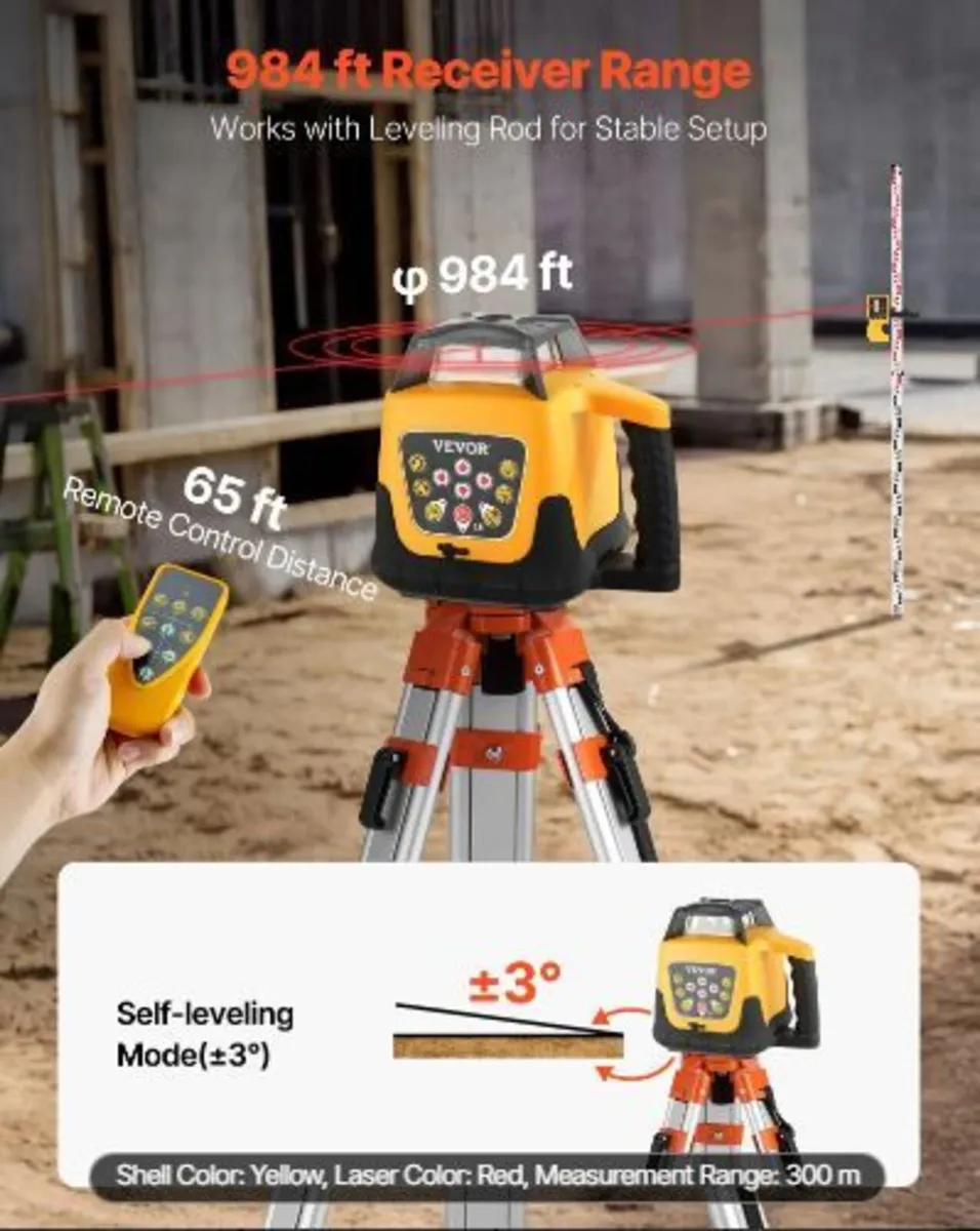 Rotary Laser Level Kit, with Tripod+Staff Gauge - Image 2