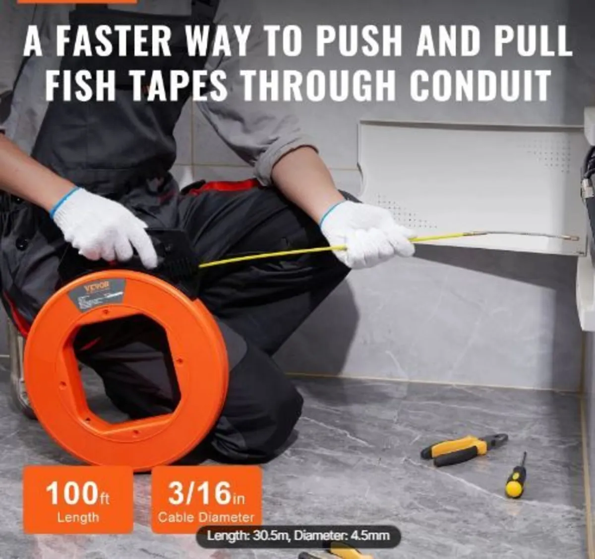 Fish Tape, 30.5m, 4.8mm, Fiberglass Wire Puller - Image 2