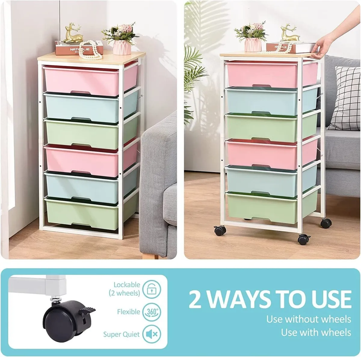 Storage Cart Rolling 6 Drawer Wooden Tabletop - Image 4