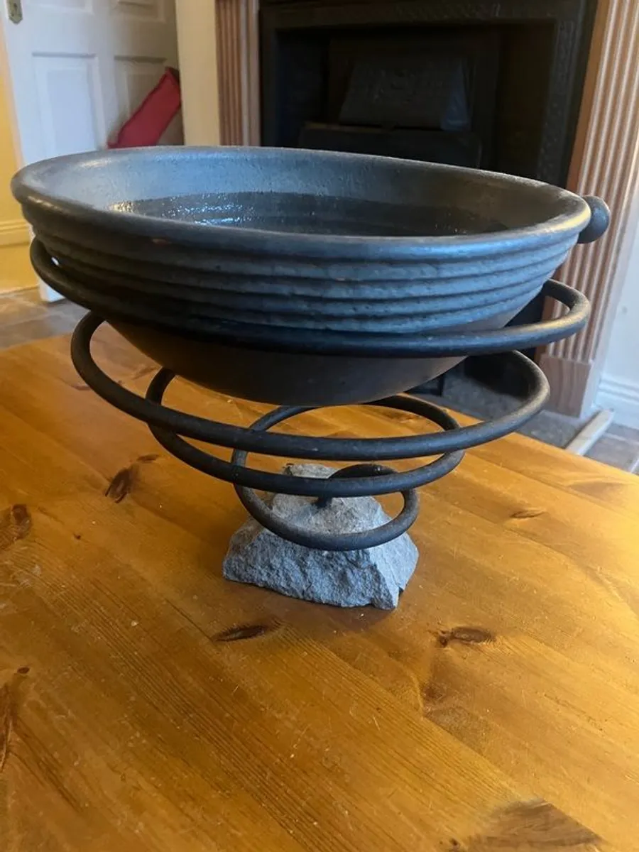 Handcrafted Irish stoneware bowl and iron stand - Image 1
