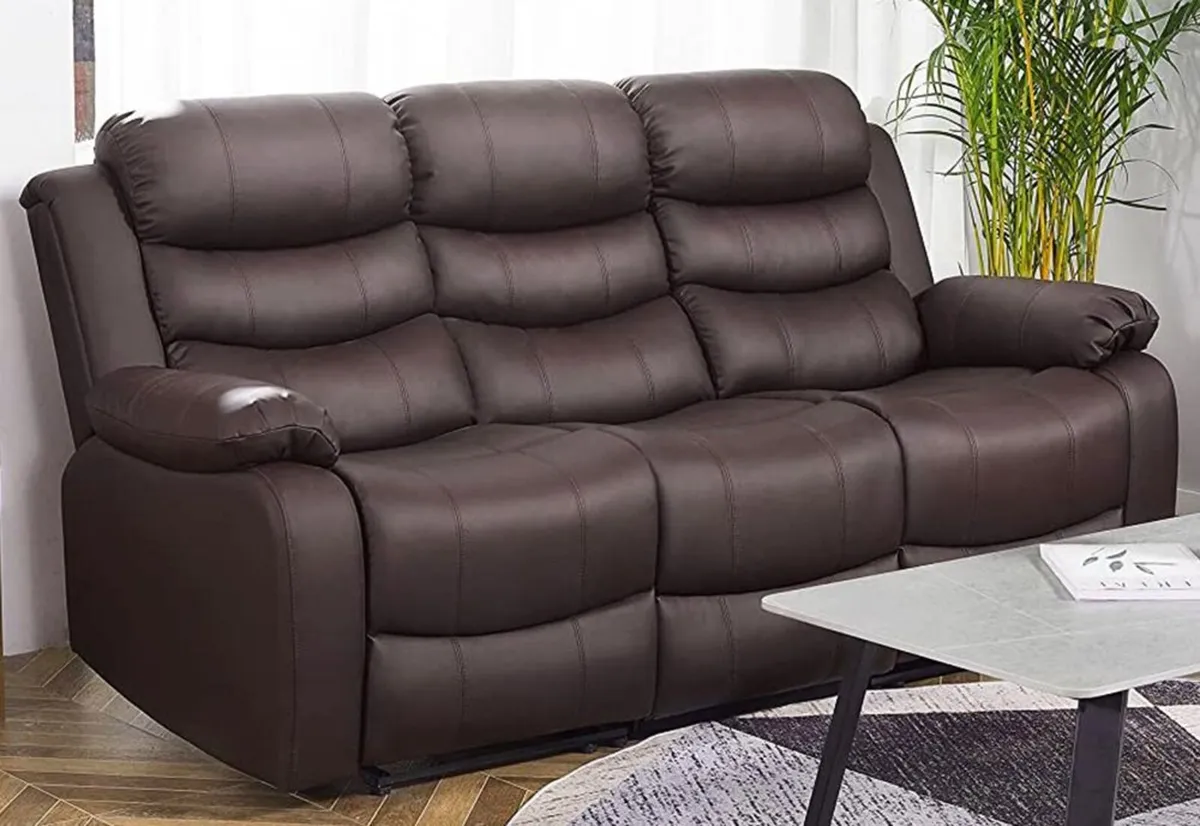 3 Seater PU Leather Recliner Sofa Brown - Image 2