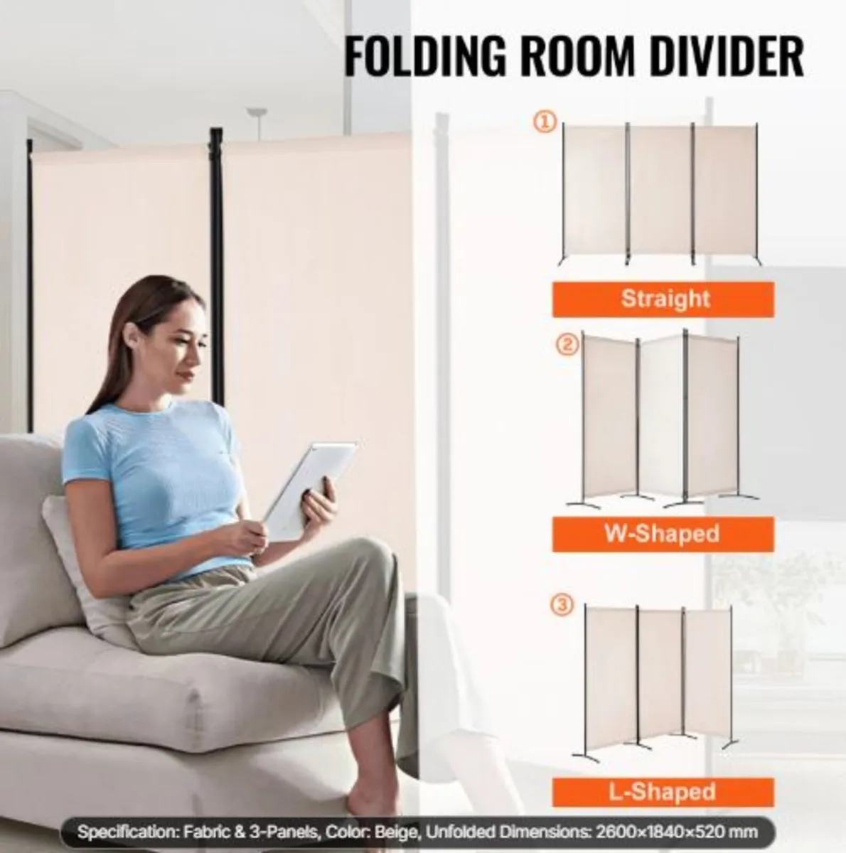Room Divider, 3 Panels Room Divider, Folding - Image 3