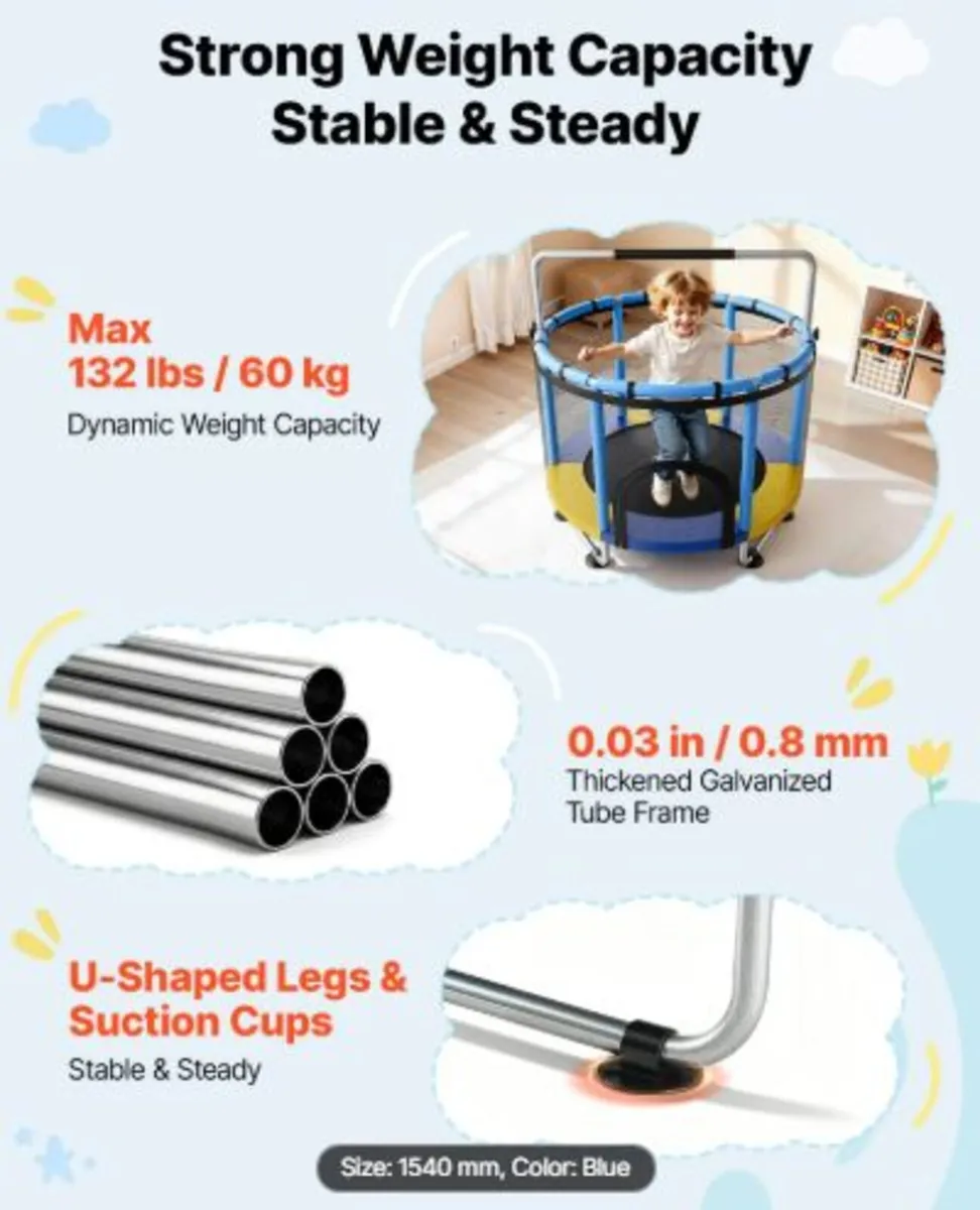 150cm Trampoline for Kids, Toddler Mini Trampoline - Image 2