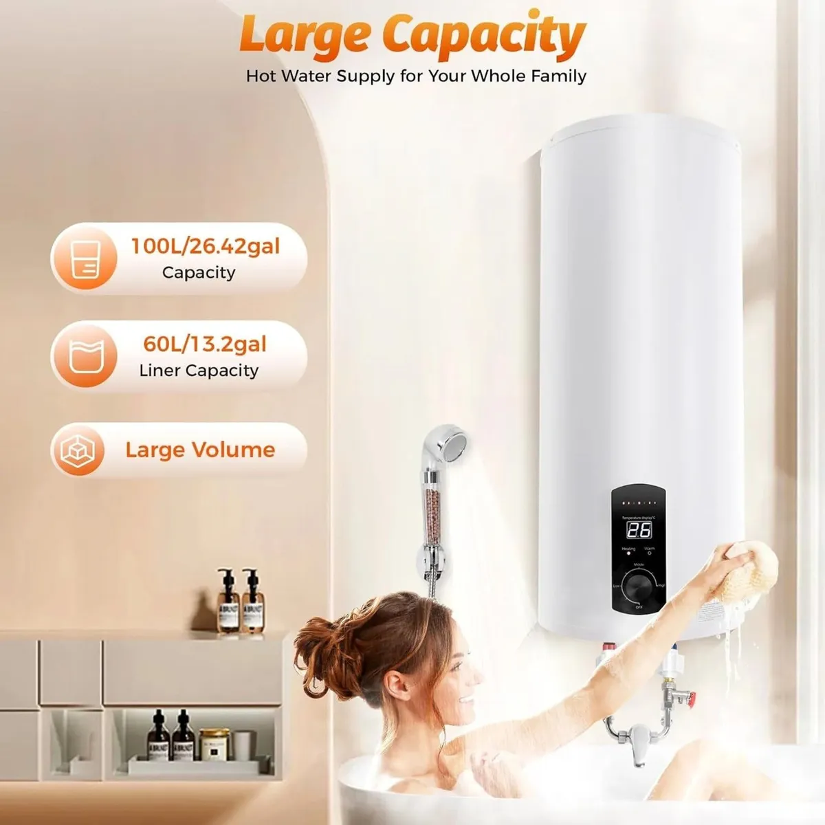 100L Electric Water Heater 2000W Wall Mounted - Image 3