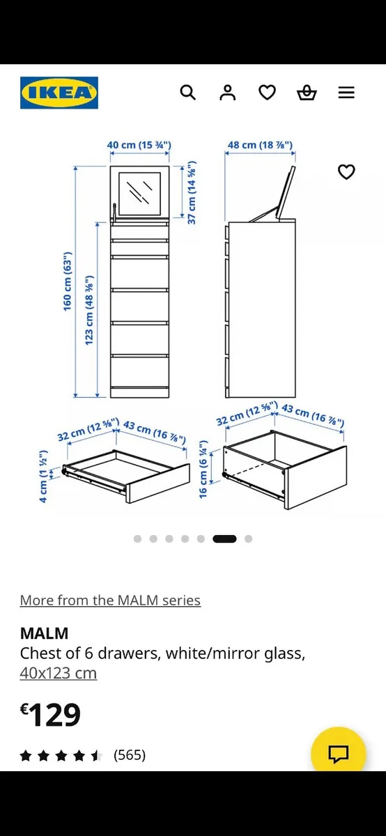 Chest of 6 drawers white with mirror Malm Ikea - Image 3