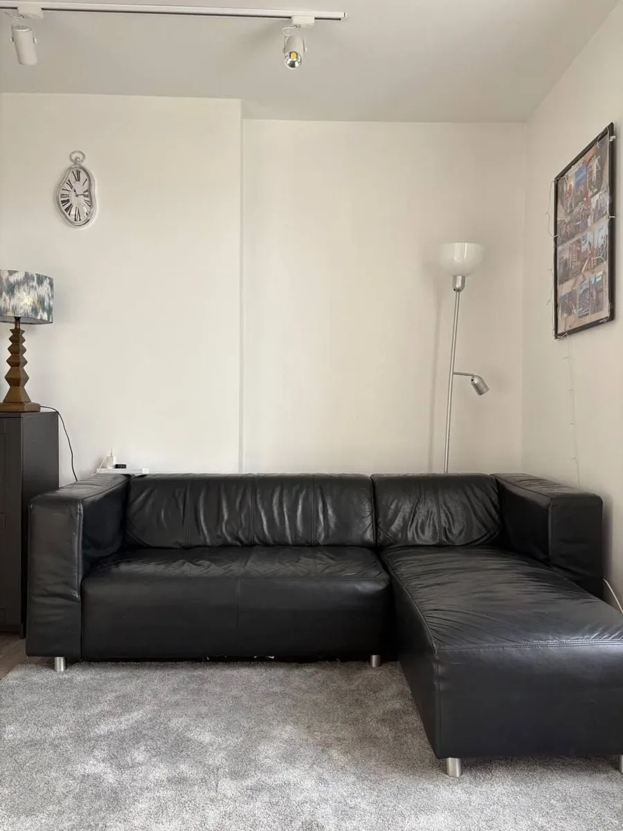 Genuine real leather, black corner sofa - Image 1
