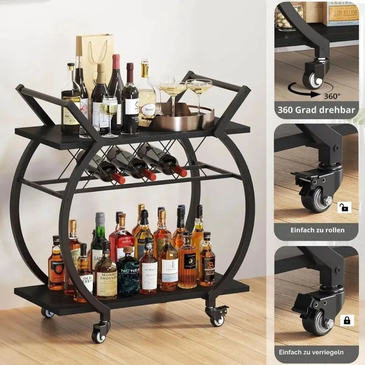 Wine Rack Serving Trolley with Wheels Bar Cart - Image 3