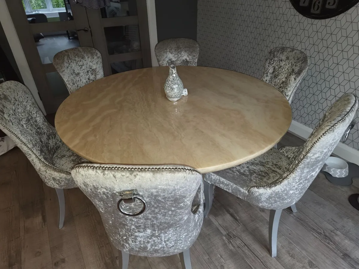 Marble Table and 6 Velvet Covered Chairs - Image 2