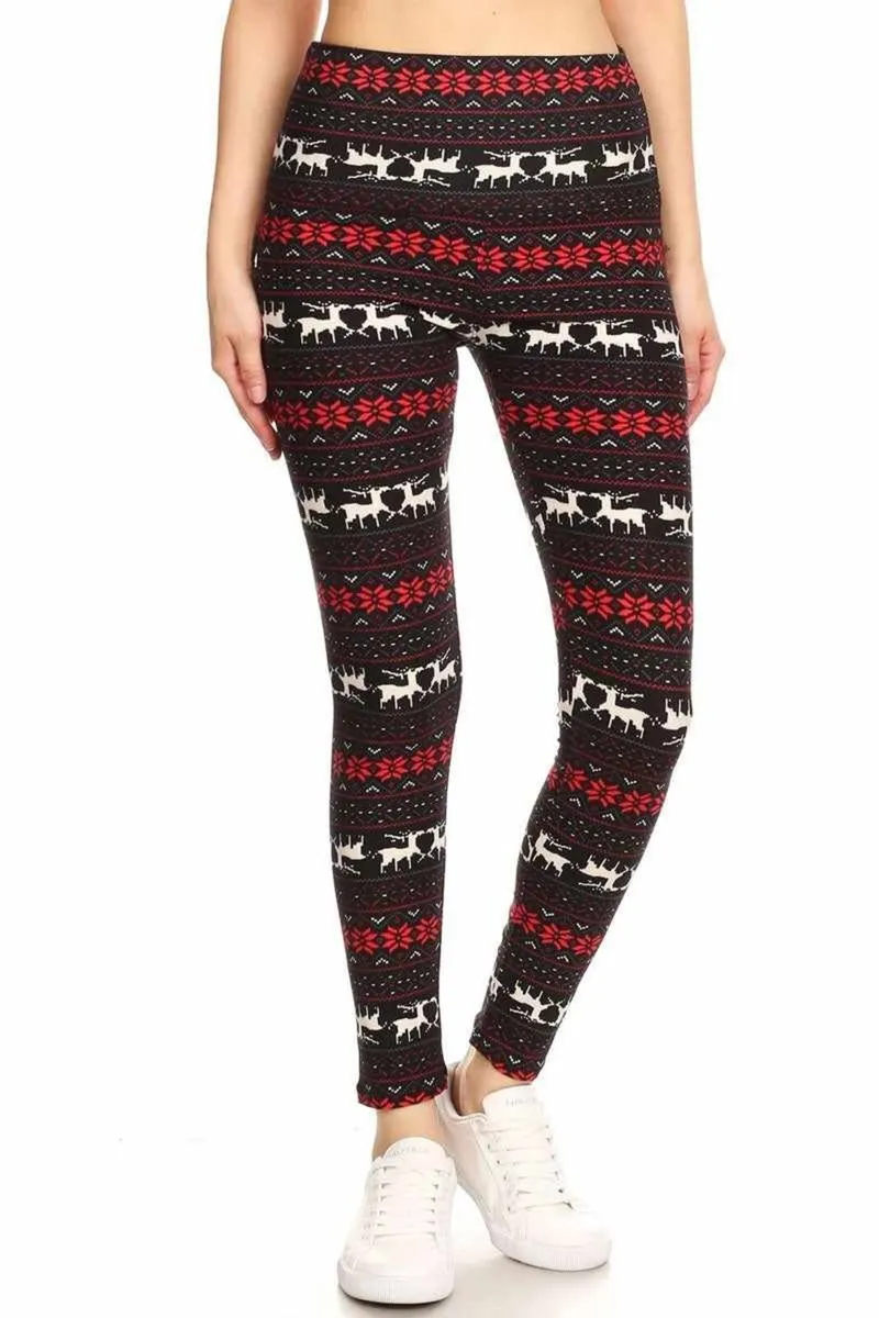 Black Red Reindeer Snowflake High Waisted Legins - Image 1