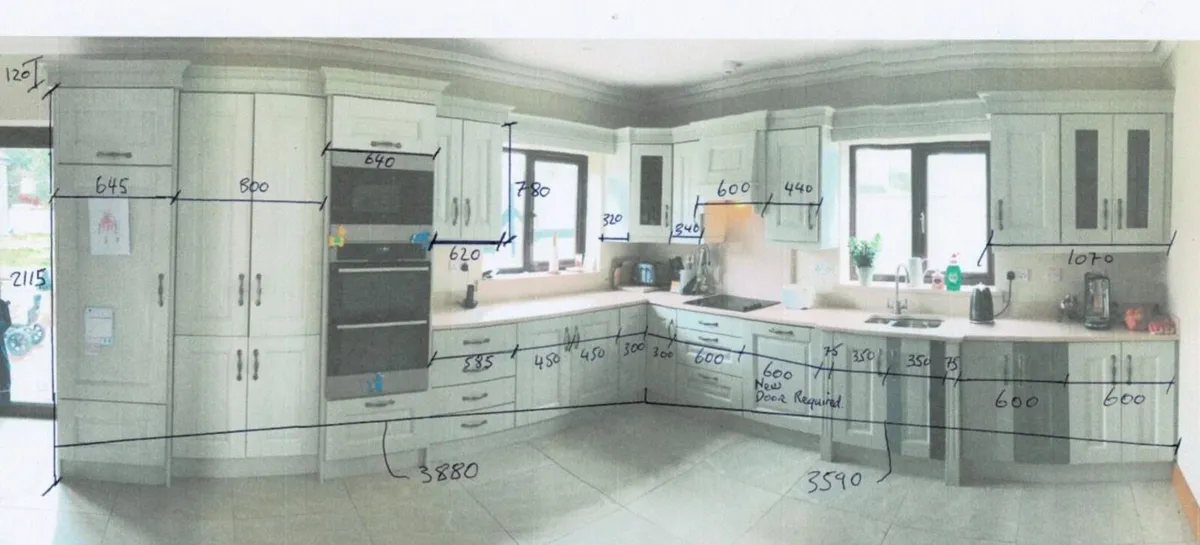Kitchen & Island with 3nr Leather Stools & Pendant - Image 1