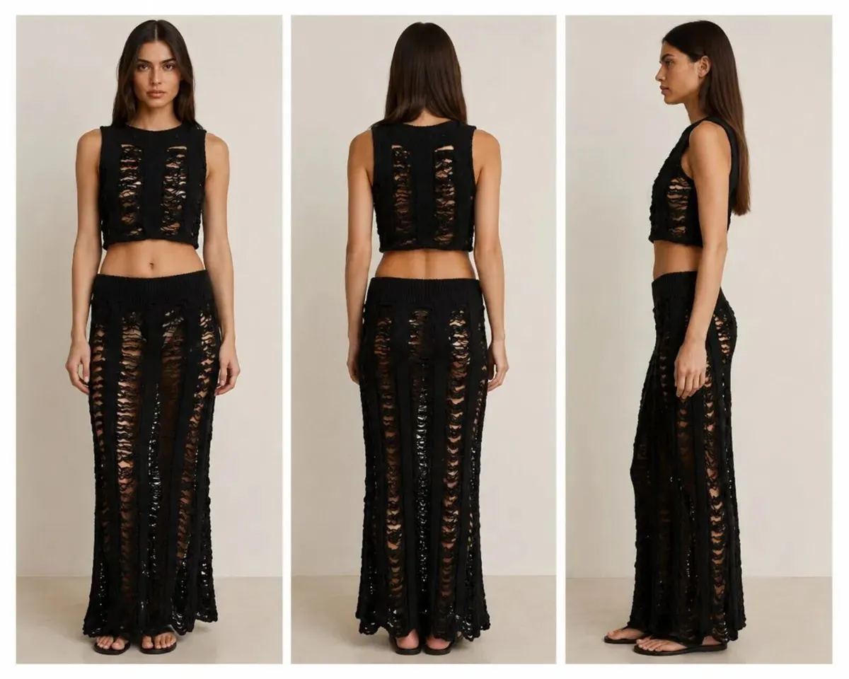 Black Distressed Knit Co-Ord Set Sleeveless Crop T - Image 1