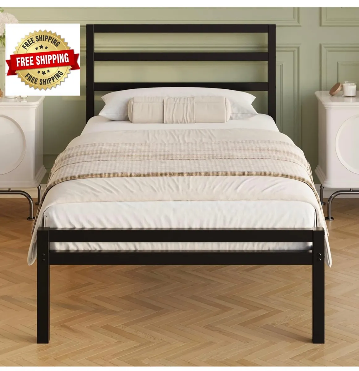Metal Single Bed Frame with Headboard and Footboar - Image 1