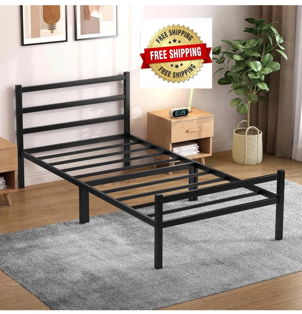 Single Bed Frames with Headboard 3ft Black Metal S - Image 1