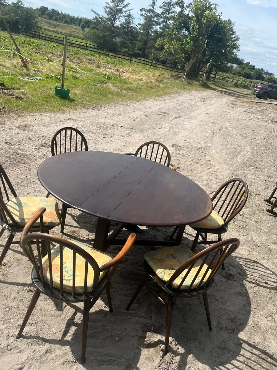 Vintage dark Ercol drop leaf dining table set - Image 1