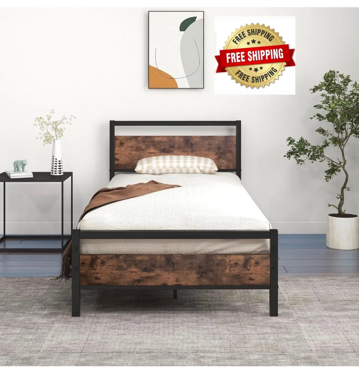 Metal Platform Bed Frame, 3 FT Single, Black Woode - Image 1