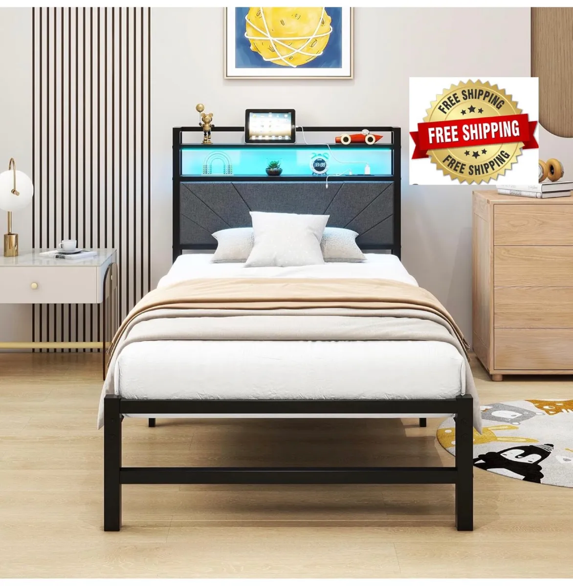3ft Single Size Bed Frame with LED Lights Storage - Image 1