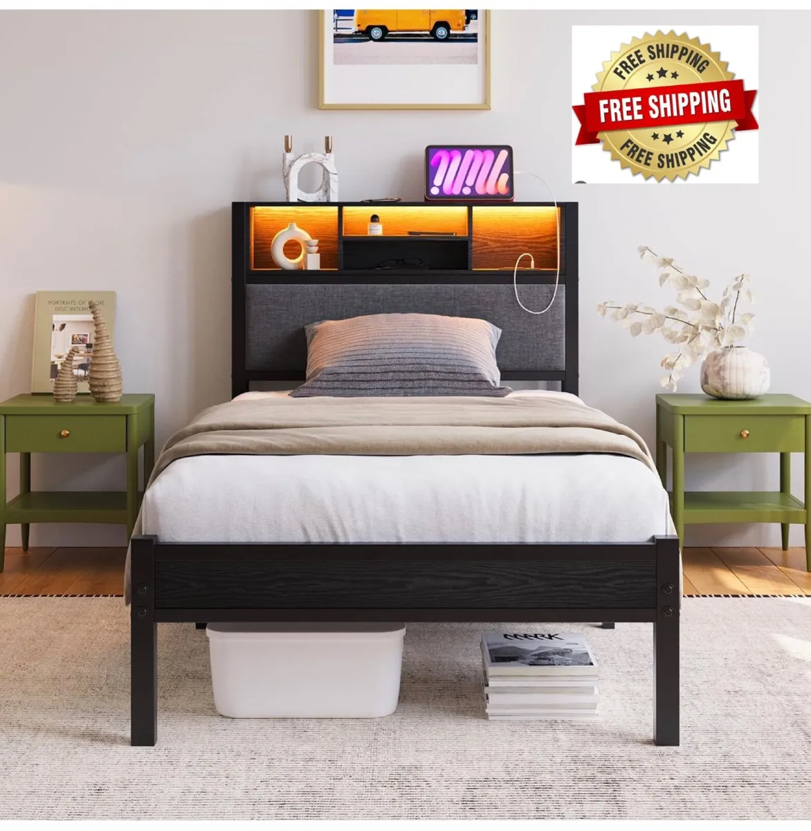 3ft Single Bed Frame with Storage Shelf Upholstere - Image 1