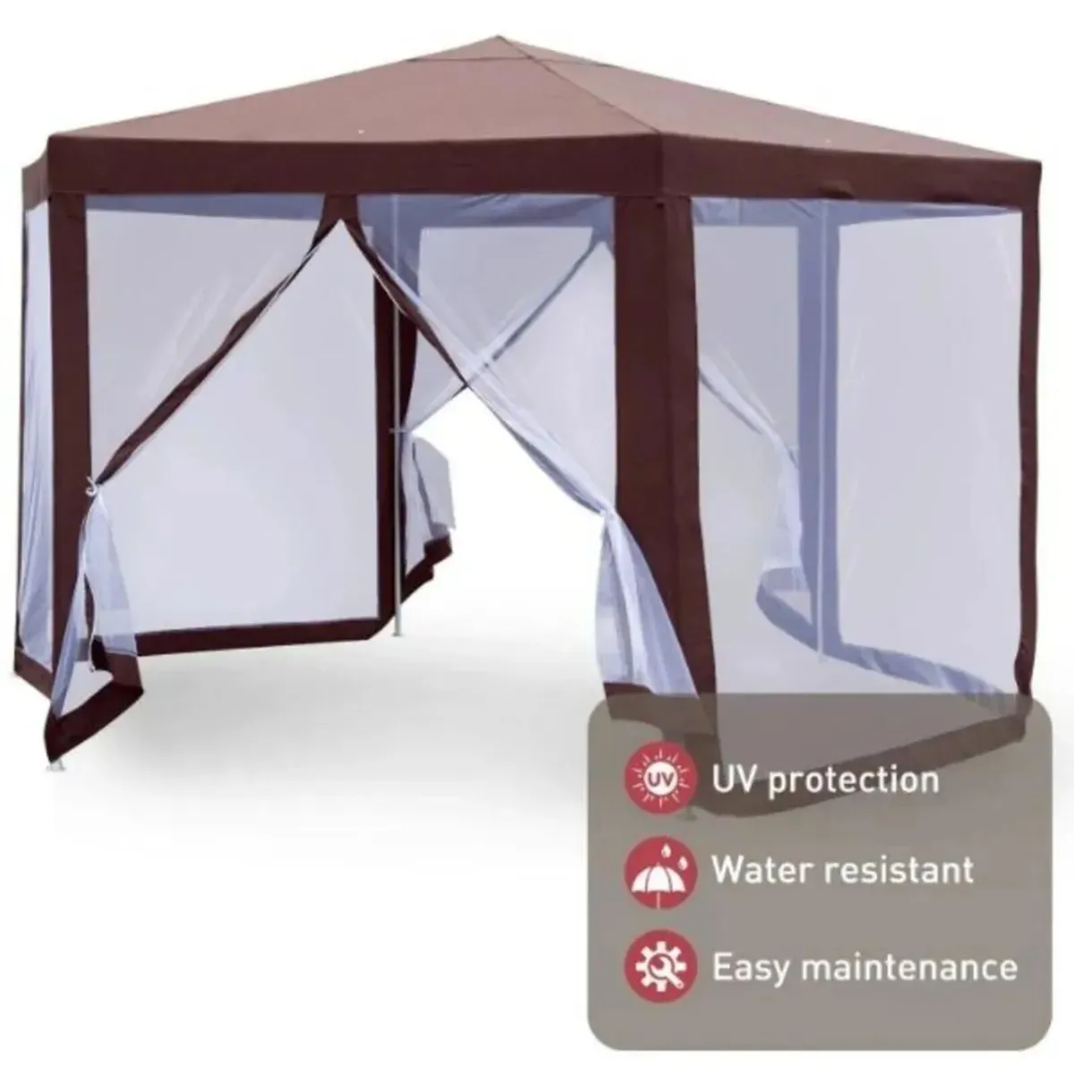 Gazebo Hexagonal Patio Party Tent Brown & Netting - Image 1