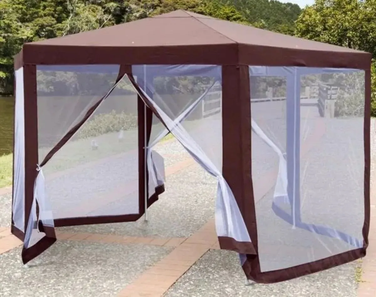 Gazebo Hexagonal Patio Party Tent Brown & Netting - Image 2