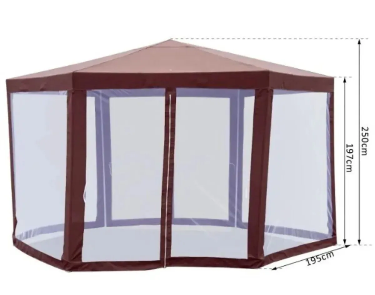 Gazebo Hexagonal Patio Shelter Brown Netting - Image 1