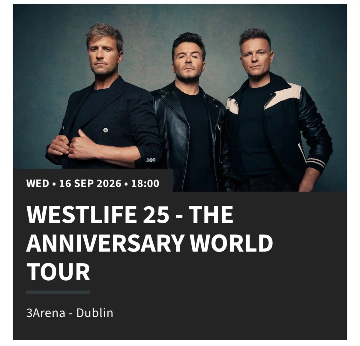 4x Westlife Tickets | Standing | 16th September - Image 1