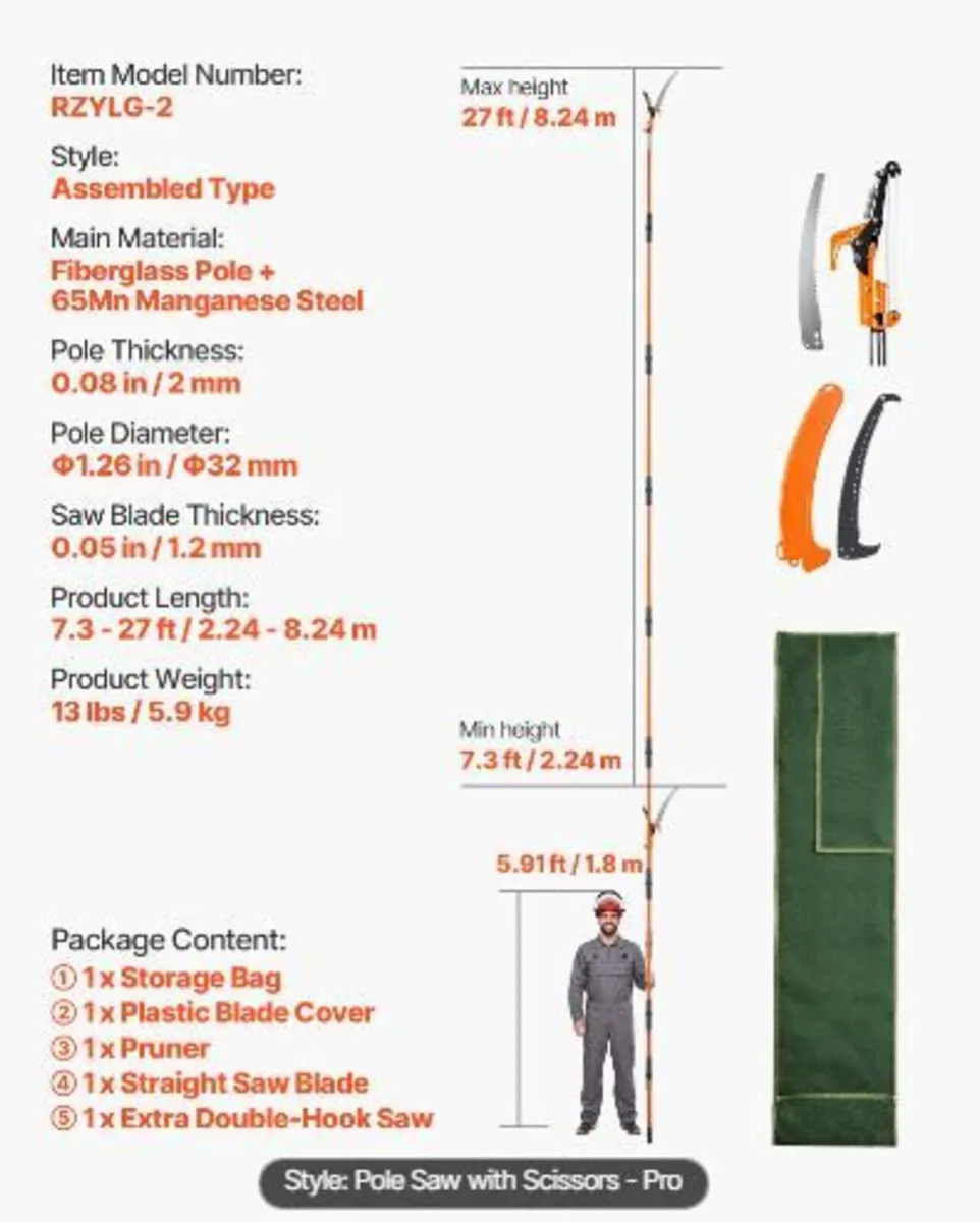 Manual Pole Saw, 2.2-8.2 m Extendable Tree Pruner - Image 2