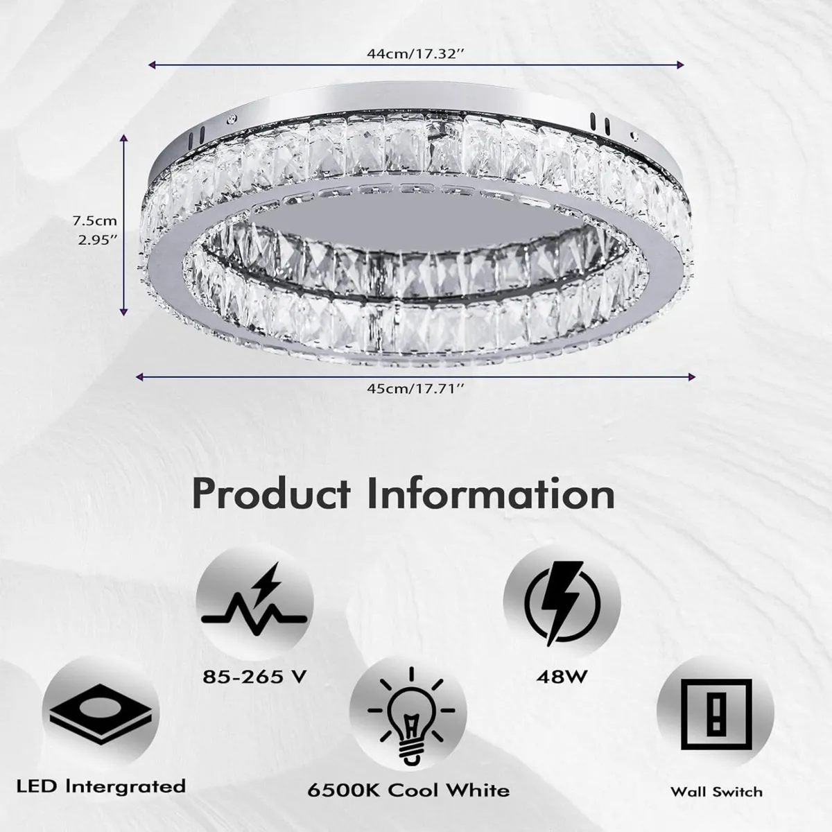 17.7in Crystal Flush Mount Ceiling Light 48W 6000K - Image 4