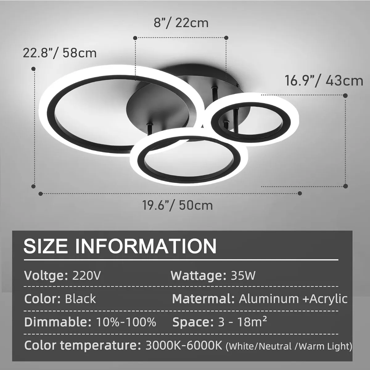 Modern LED Dimmable Ceiling Light 3 Circle Lights - Image 3