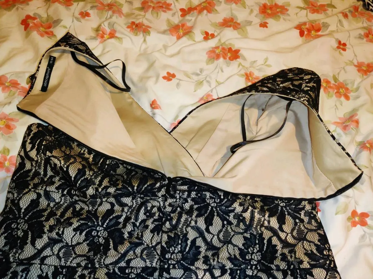CREAMY SATIN & BLACK LACE, New Ladies Party Dress - Image 3