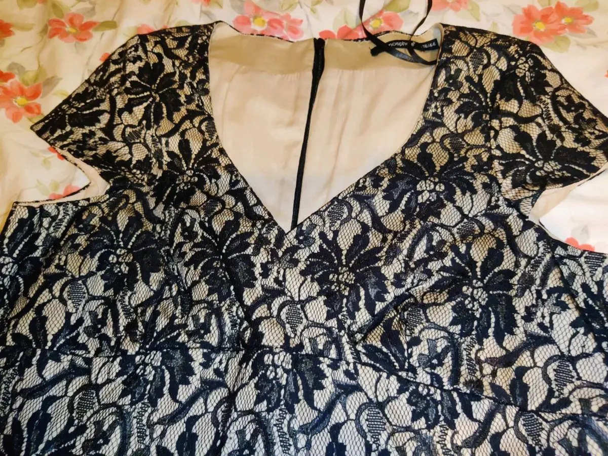 CREAMY SATIN & BLACK LACE, New Ladies Party Dress - Image 1