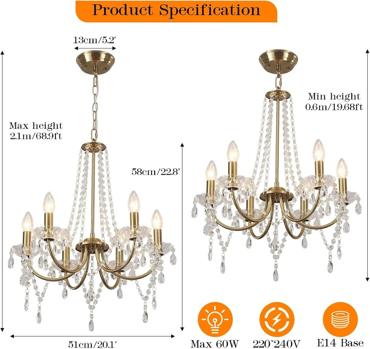 Crystal Chandeliers Ceiling Light 6 Lights Modern - Image 4