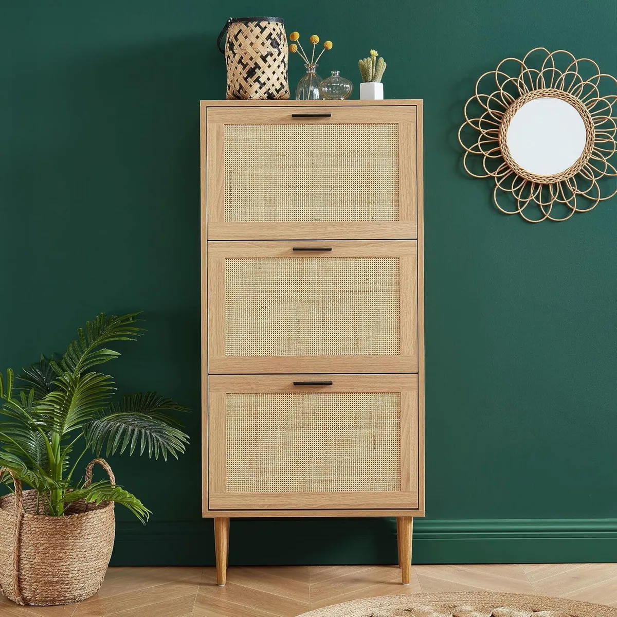 Shoe Cabinet in Oak Effect and Rattan Cane - Image 2