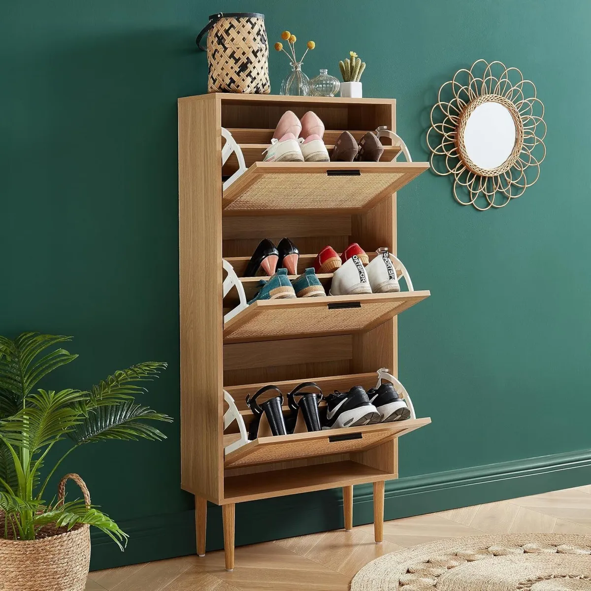 Shoe Cabinet in Oak Effect and Rattan Cane - Image 4