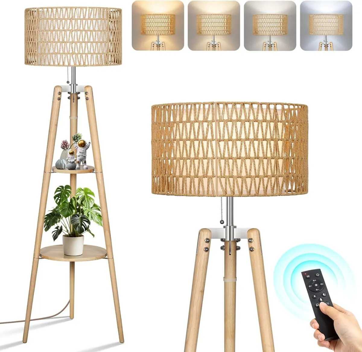 Wood Tripod Floor Lamp with Rattan Linen Double - Image 1