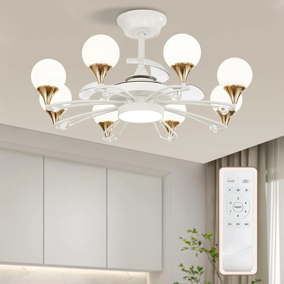Chandelier with Fan Modern: 8 Lights Milky Globe - Image 1